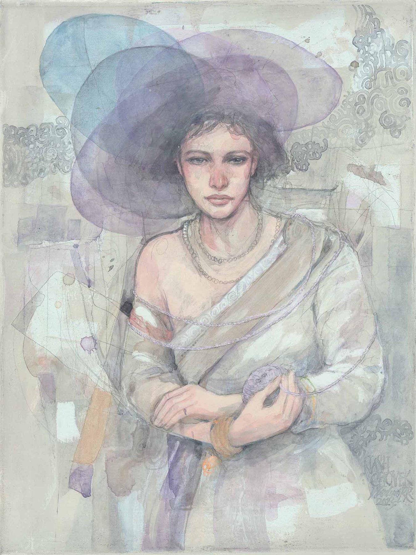 Pale layered portrait of a woman in a broad hat