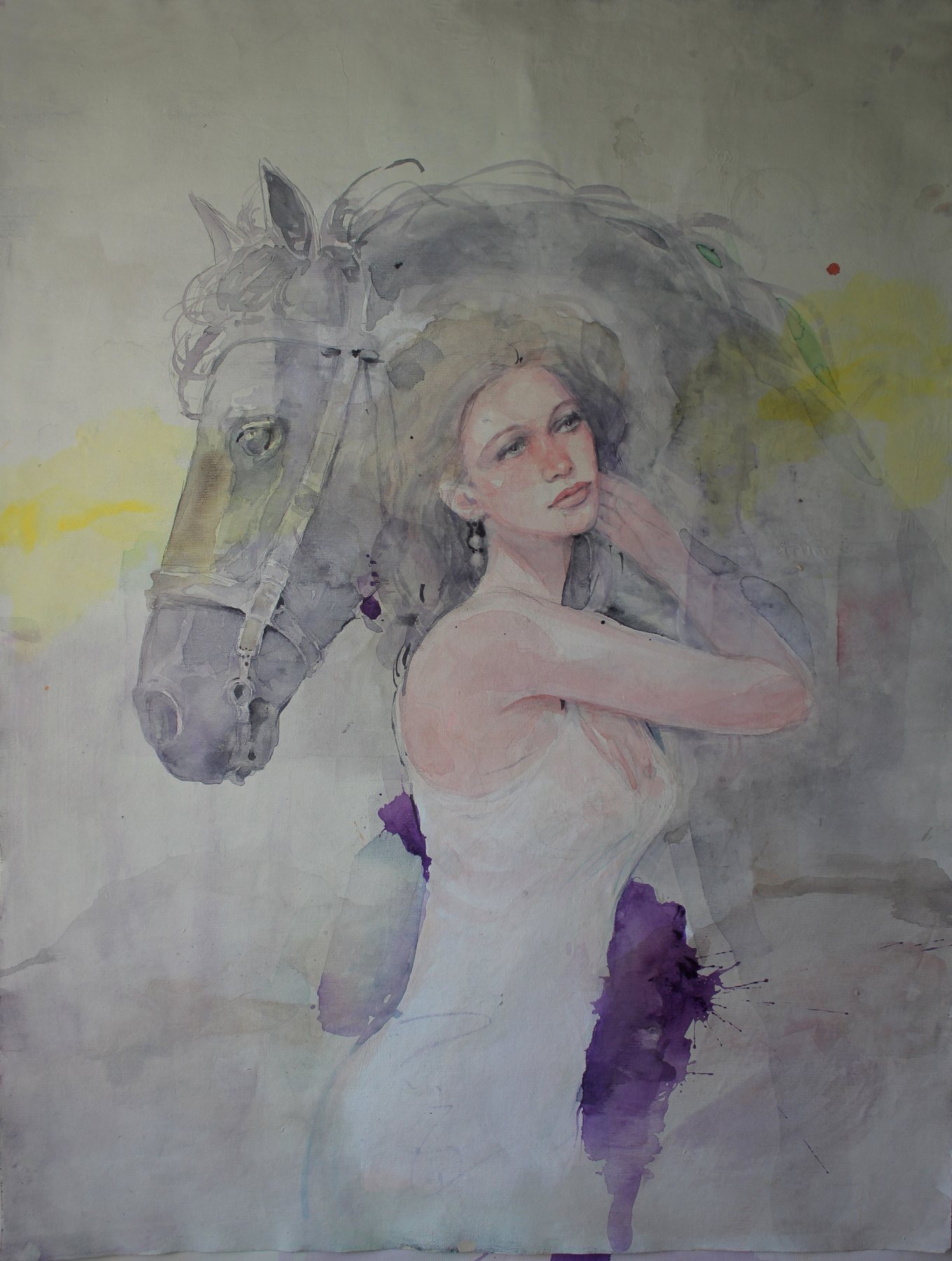 Watercolour portrait of a woman standing beside a horse