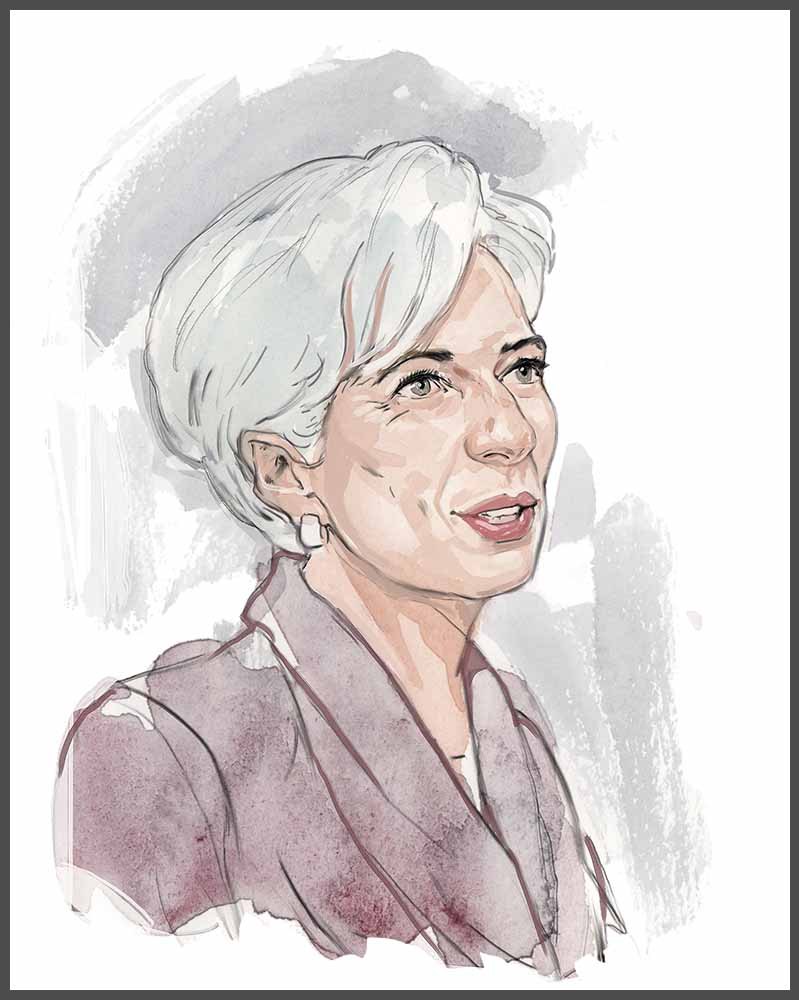 Watercolour portrait of Christine Lagarde