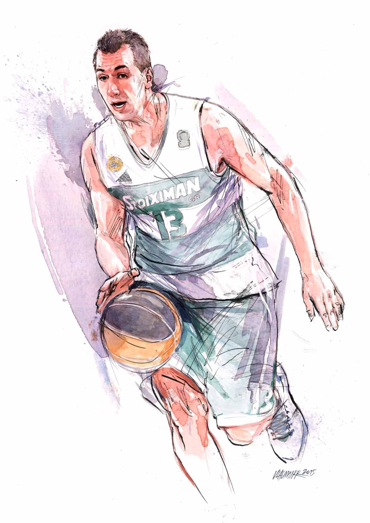 Watercolour portrait of basketball player Dimitris Diamantidis