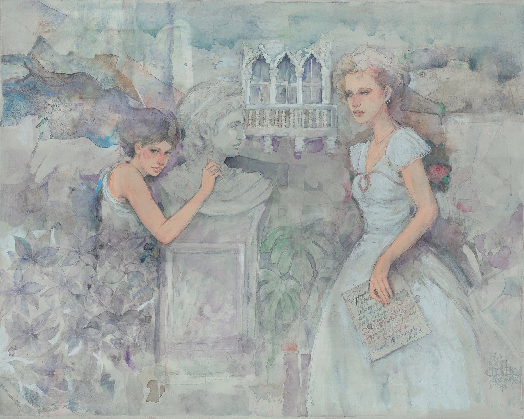 Fine art scene with figures in a pale garden