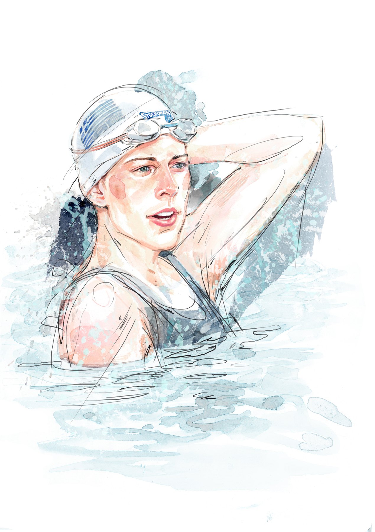 Watercolour portrait of swimmer Kelly Araouzou