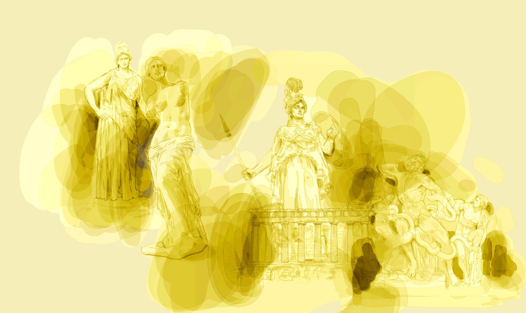 Repeated classical figures in a yellow field