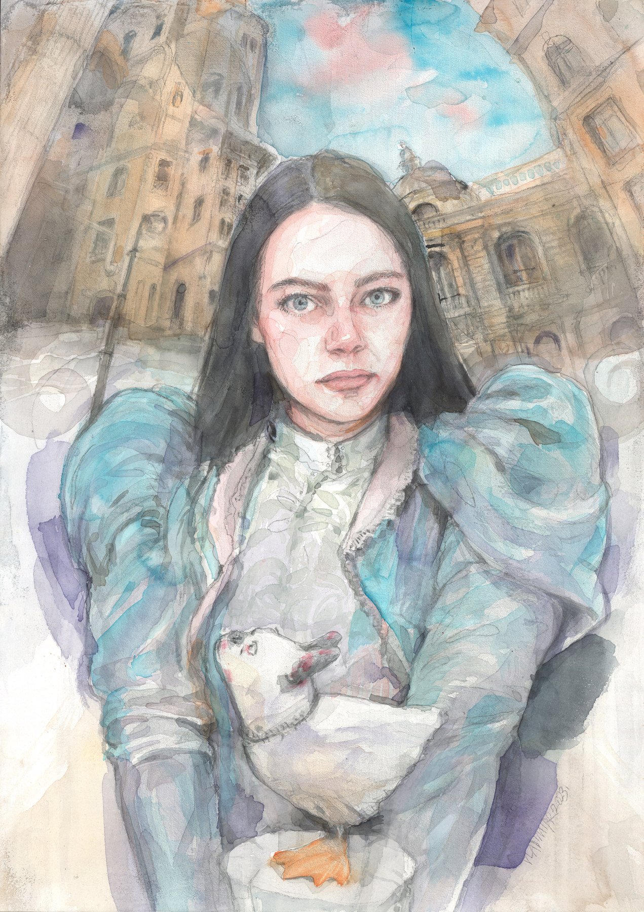 Watercolour portrait in muted turquoise and violet