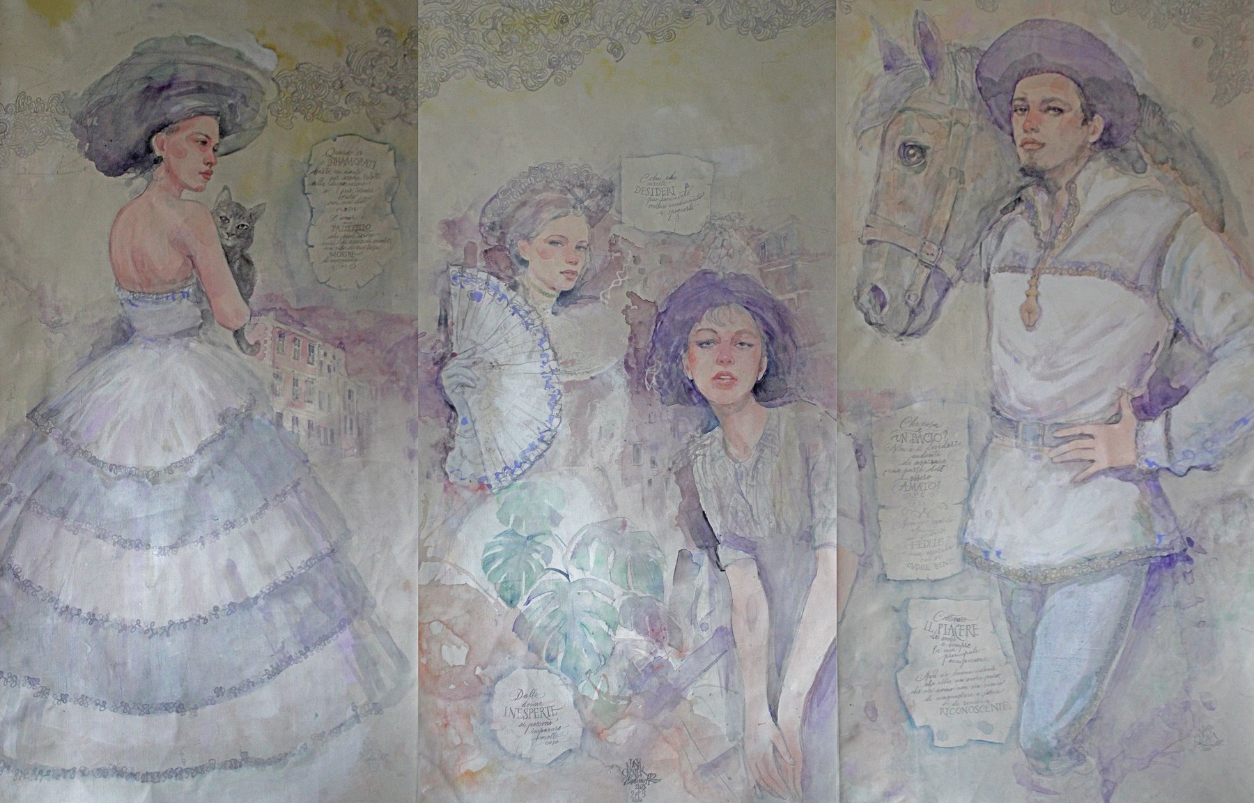 A wide triptych of translucent figures