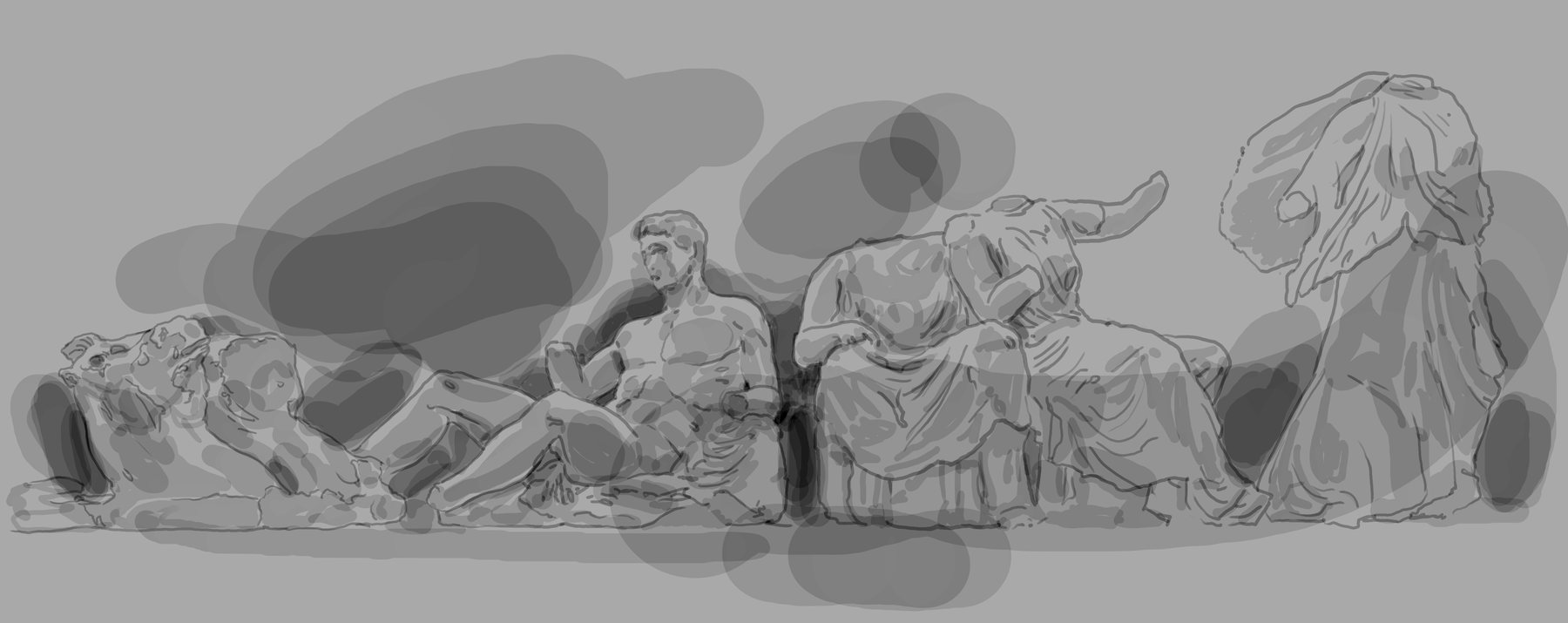 Long monochrome composition of classical figures